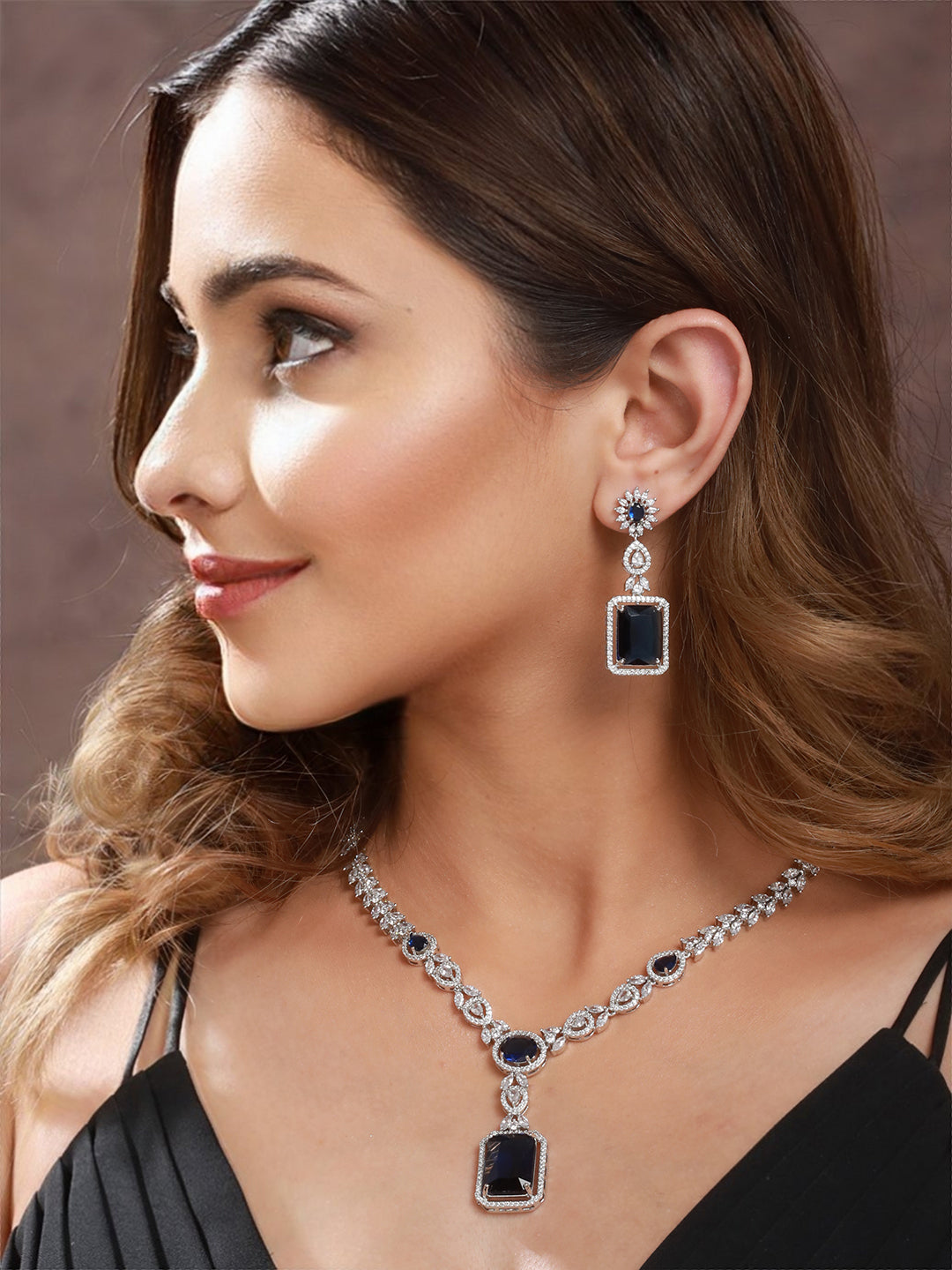 Silver Plated Blue CZ Studded Statement Floral Necklace Jewellery Set